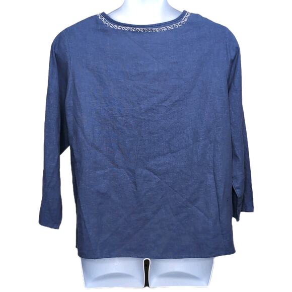 Susan Graver Blouse Top Womens Plus Size 1X Blue Linen Blend Embroidered Boho - Picture 3 of 12